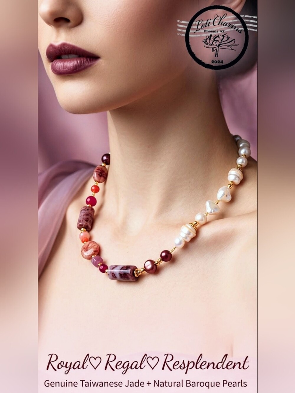 Natural Cherry Red Jade & White Baroque Pearls In Assymetrical Freeform Necklace